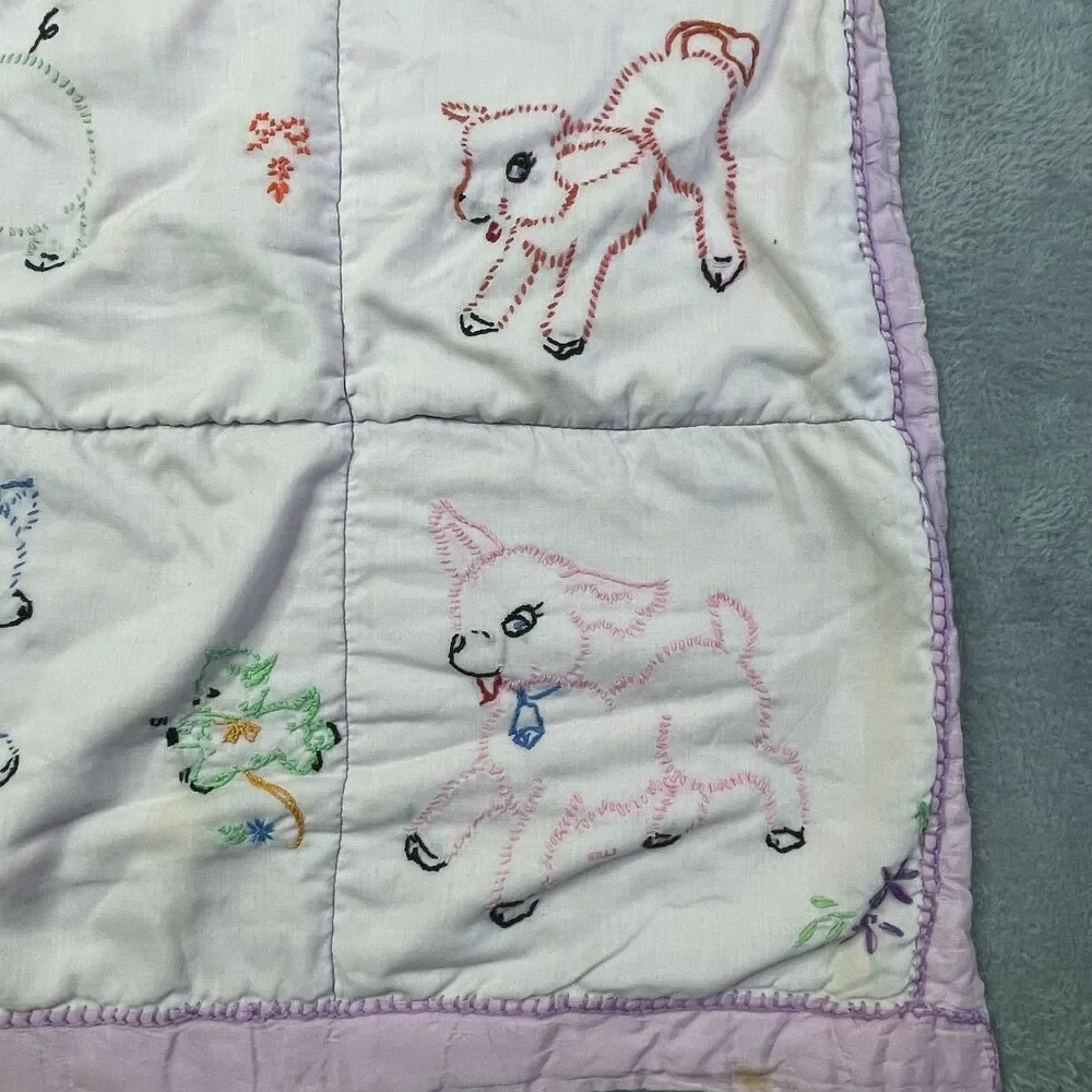 Vintage Baby Quilt Hand Embroidered Animals Pastel Crib Blanket‎ Handmade 36x30